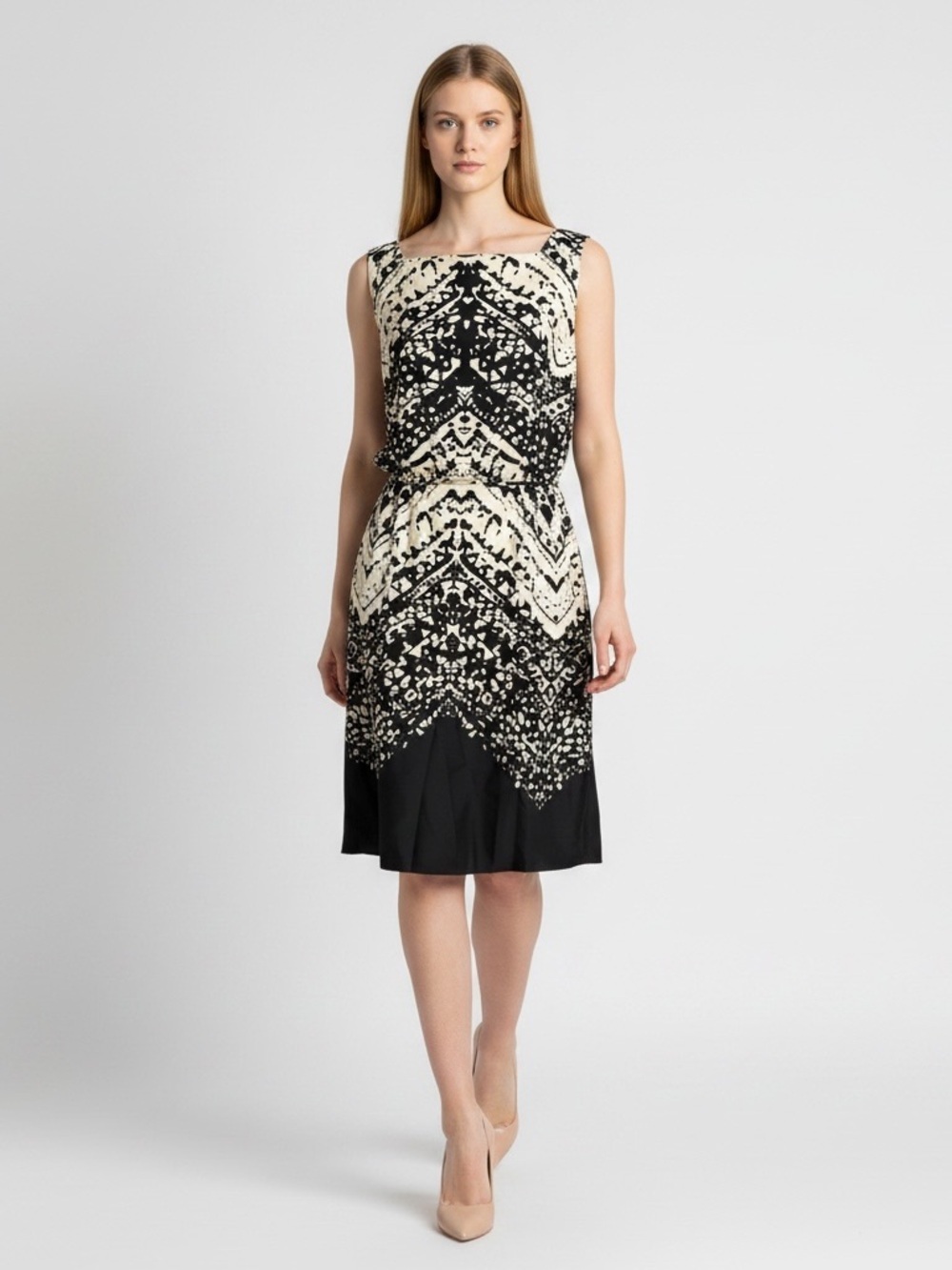 TALBOTS Silk Black Cream Sleeveless Patterned Sheath Midi Dress Tie Work Party 8